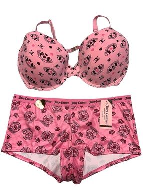 Y2K JUICY COUTURE Pink Logo Crown Lingerie Bundle Bra 38DD Panty XL